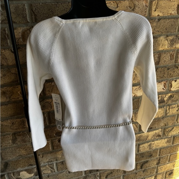 Lauren Ralph Lauren White Ribbed Sweater Tunic with Silver Chain Belt Size M - Picture 9 of 14